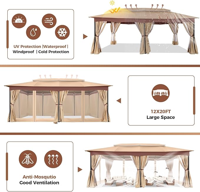 COBIZI Gazebo 12x20 Heavy Duty Gazebos with Curtain and Netting Outdoor Gazebo Canopy Double Roof Patio Gazebos with Metal Steel Frame for Patio, Deck, Backyard-Khaki
