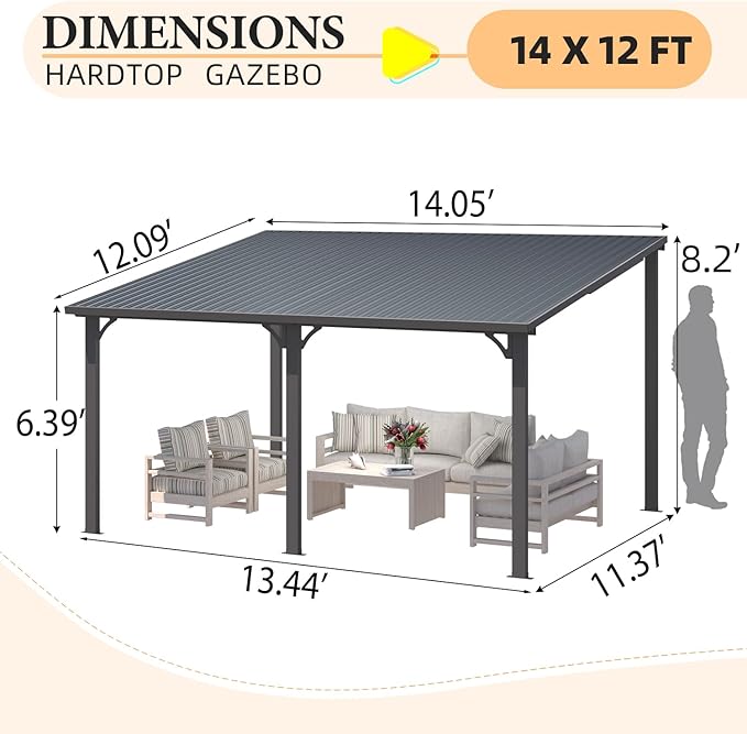 AECOJOY 12' x 14' Outdoor Hardtop Metal Gazebo for Patio, Large Lean to 14x12 Galvanized Steel Heavy Duty Wall Mounted Pergolas and Grill Gazebos Clearance, Patio Pergola Metal Roof Awnings for Decks