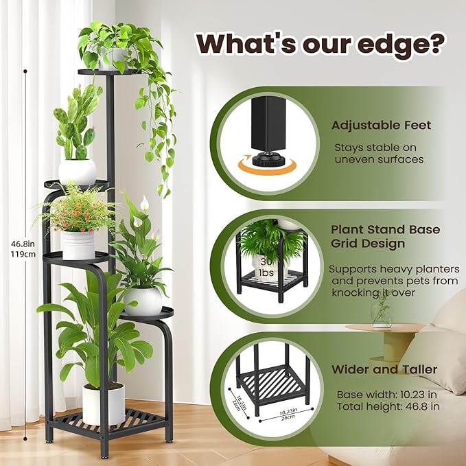TOSKING 5 Tier Tall Plant Stand Indoor Outdoor, Heavy Duty Corner Shelf for Plants & Decor, Space Saving 3.9FT Metal Flower Pot Stand for Balcony, Garden, Living Room, Patio (Black, 47in)