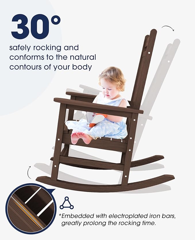 KINGYES Oversized Outdoor Rocking Chair, All-Weather Patio Rocking Chairs for Porch, HDPE Outdoor Patio Rockers with High Back & Wide Seat for Garden, Lawn, Coffee