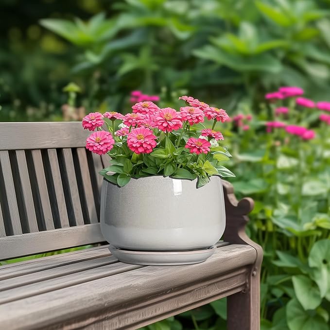 G EPGardening Ceramic Plant Pots - 7 Inch Plant Pot with Drainage and Saucer, Ceramic Planters for Indoor Outdoor Plants, Modern Round Planter, Room Decor, Gardening Gifts for Women Men, Light Grey