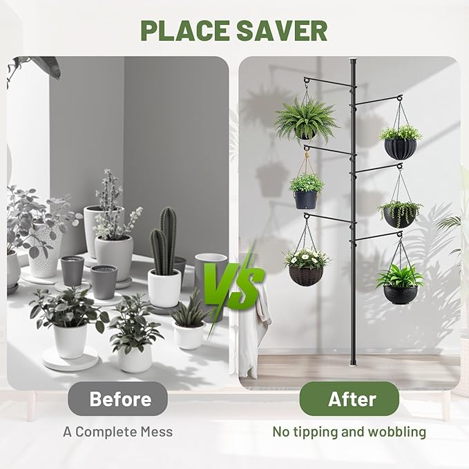Tension Rod Plant Stand, Plant Poles for Hanging Plants Indoor, Metal Floor to Ceiling Hanging Plants Stand, Tension Pole Plant Stand with 6 Hooks (Fit 3.6-10ft)