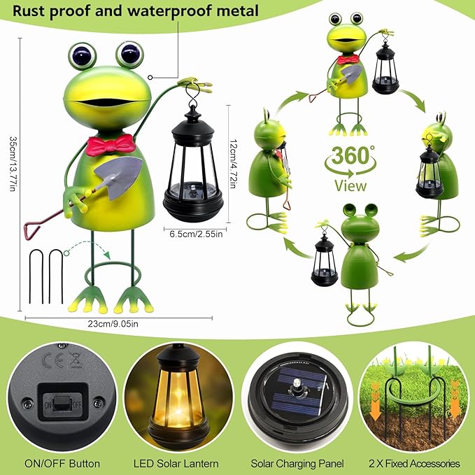 Solar Garden Lights Frog Statue,13.78in Tall Frog with Lantern Waterproof, Birthday Gifts for Women Mom Grandma, Big Metal Frog Stakes Decorative for Home Front Patio Balcony Yard Art Lawn
