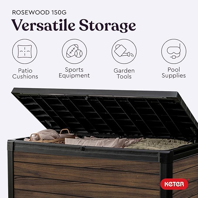 Keter Signature Collection 150 Gallon Resin Deck Box Organization and Storage for Patio Outdoor Cushions, Throw Pillows, Garden Tools and Pool Supplies, Rosewood