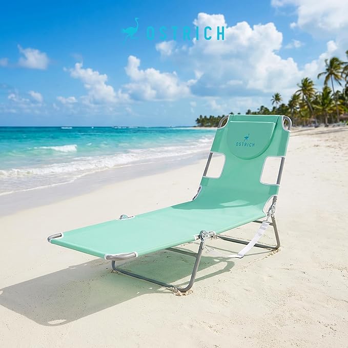 Ostrich 4-Position Outdoor Chaise Lounge w/Face Cushion & Arm Holes, Teal - Lightweight Folding Lounger w/Adjustable Reclining Backrest, Portable w/Carry Strap, 250 lb Weight Capacity