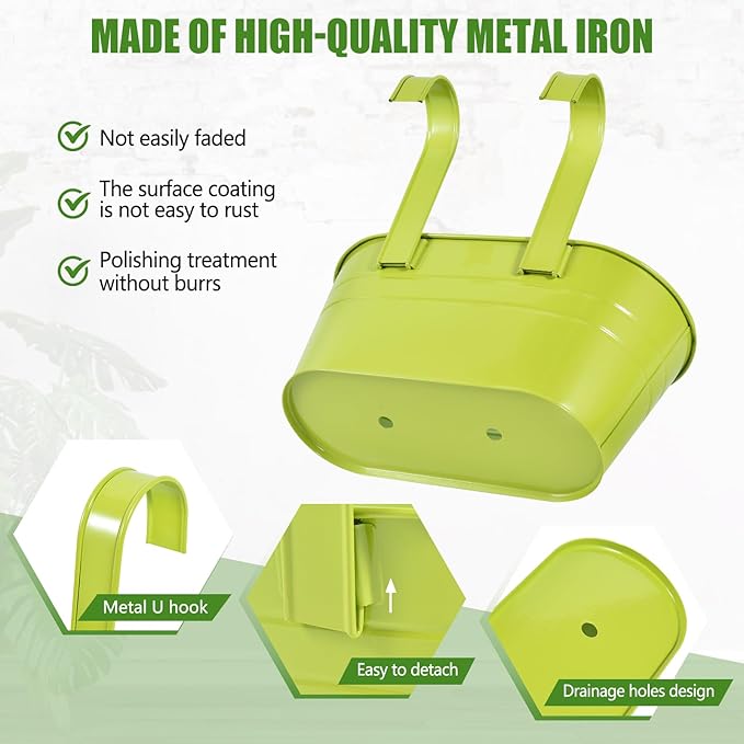 OBTANIM 4 Pack Metal Hanging Flower Pots Iron Railing Planter Outdoor Fence Hanging Pots Bucket Plant Holder with Detachable Hooks Drain Holes for Home Garden Yard Decor (Green)