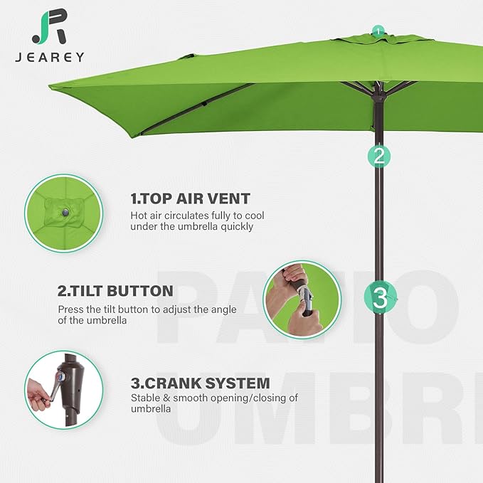 JEAREY 6.5x10 ft Rectangular Patio Umbrellas Rectangle Outdoor Umbrella with Push Button Tilt and Crank, Market Table Umbrella 6 Sturdy Ribs UV Protection for Poolside Garden Backyard Deck, Glass Green