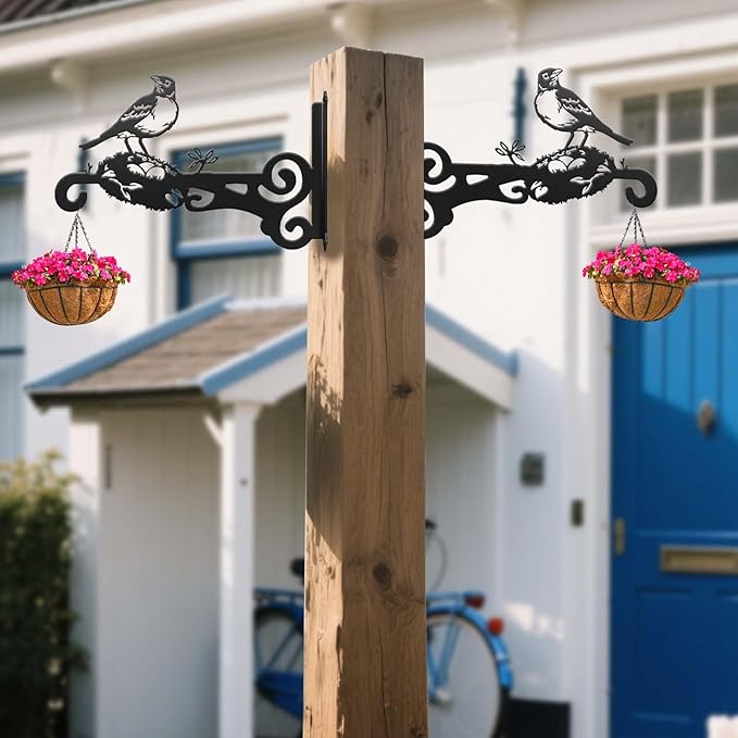 4-Pack Aesthetic Wall Plant Hanger Indoor and Outdoor – 10 Inch Metal Hanging Plant Bracket with Beautiful Bird Pattern – Heavy Duty Plant Hooks for Hanging Plants, Bird Feeder, Wind Chime, Lantern