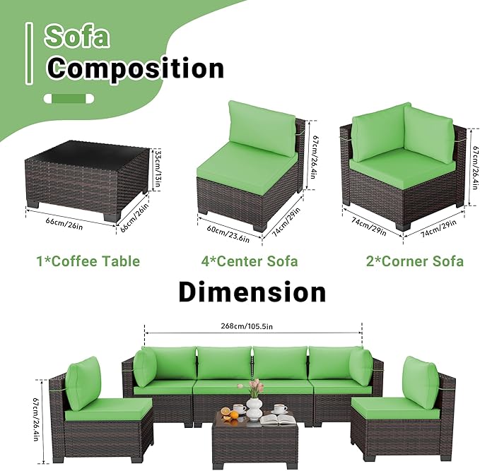 LEVELEVE 7 Pieces Outdoor Patio Furniture Sets,Rattan Conversation Sectional Set,Manual Weaving Wicker Patio Sofa with Tea Table