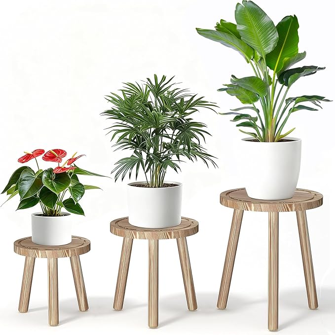 3 Pack Plant Stand Indoor Outdoor Mid-Century Modern Plant Stool Wooden Plant Pot Holder Home Decor for Gardening Living Room,Balcony,Office (Light Burnt Color, 3 Pack)