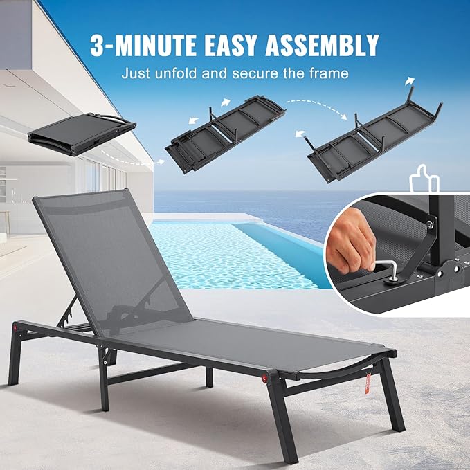 VEVOR 2 Pcs Chaise Lounge Chairs Outdoor, Aluminum Patio Lounge Chair with Adjustable 5-Position, Folding Pool Chairs Recliner and Full Flat Tanning Chair for Patio, Beach, Pool, Gray, 2 pcs