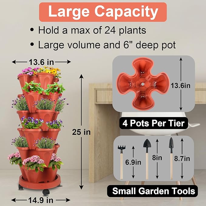 DUNCHATY Stackable Planters 6 Tier Vertical Garden Planting Tower Planters Strawberry, Herb, Flower, and Vegetable Planter Indoor Outdoor Gardening Pots with Removable Wheels and Tools