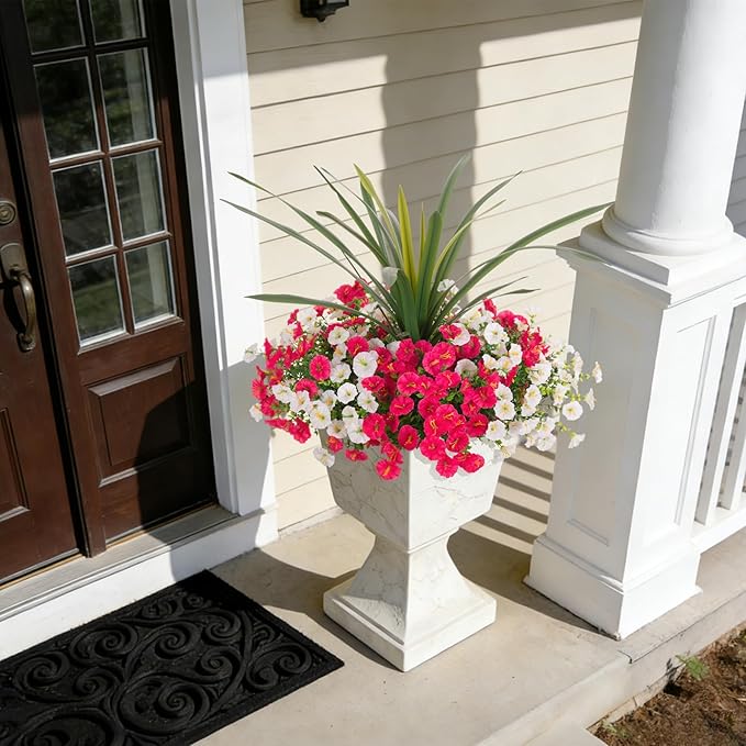 Artificial Flowers for Outdoors Fake Plants Outside, 12 Bundles Silk Morning Glory with Eucalyptus + Orchid Leaf UV Resistant Realistic Faux Flowers for Porch Planter Garden Patio (White Hot Pink)