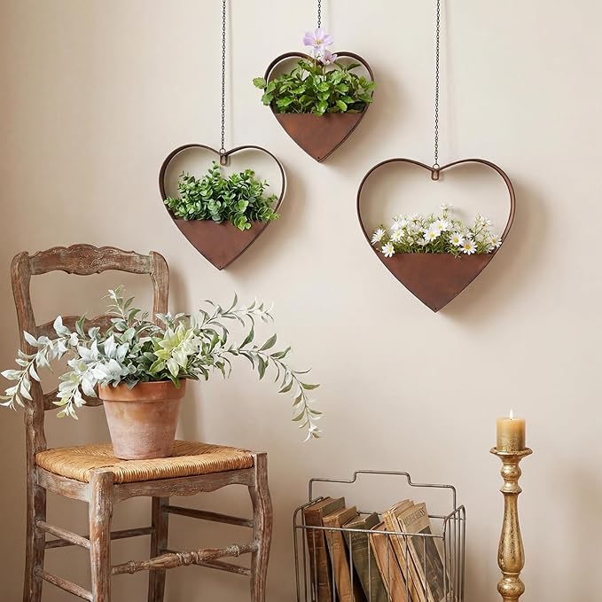 3 Pcs 3 Size Heart Metal Hanging Planter Indoor Outdoor, 13.4" 10.6" 7" Large Metal Plant Hangers Vintage Flower Pot with Hook Chain Drain Hole Gift for Gardener Women Mom Home Decor(Brown)