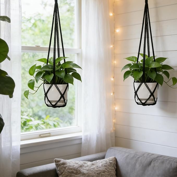 YIBOT Macrame Plant Hanger Indoor Set of 2 with 2 S Hooks, Indoor Outdoor Hanging Planter for Plants Holder with Decorative No Tassels, Boho Home Decor, 35 Inch, Black (Pots Not Included)