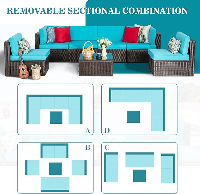 Vongrasig 7 Pieces Patio Furniture Sets, Outdoor All-Weather Wicker Patio Conversation Sets, L-Shaped Rattan Sectional Patio Sofa with Glass Table for Backyard, Blue