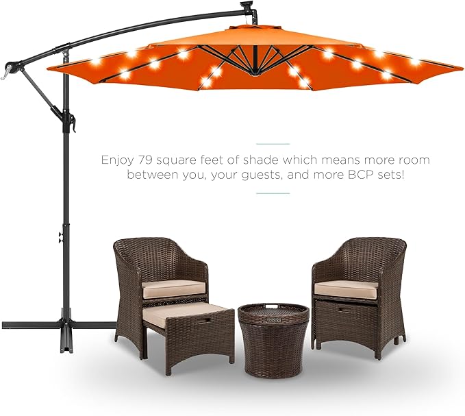 Best Choice Products 10ft Solar LED Offset Cantilever Hanging Market Patio Umbrella, 8 Sturdy Ribs, Easy Adjustment - Orange