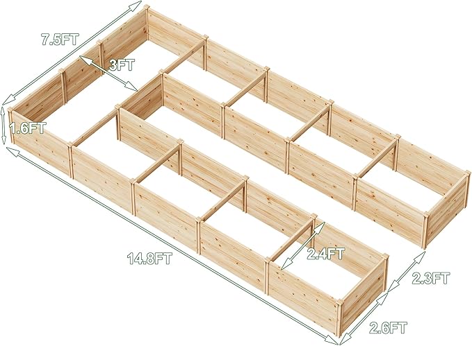 AMERLIFE U-Shaped Raised Garden Bed, 7.5Wx15Dx1.6H Free Combination Outdoor Wooden Raised Garden Bed Planter with 19.6" Depth Planter Box