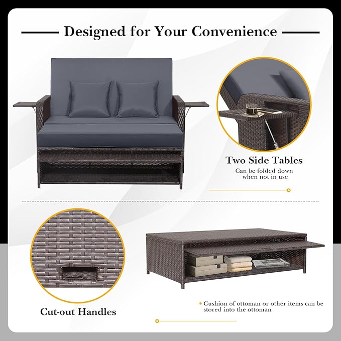 LDAILY Moccha Outdoor Daybed, Wicker Loveseat Sofa Set with 4-Postion Adjustable Backrest, Storage Ottoman, Cushions, Rattan Double Bed Lounger, Patio Furniture Set (Gray)