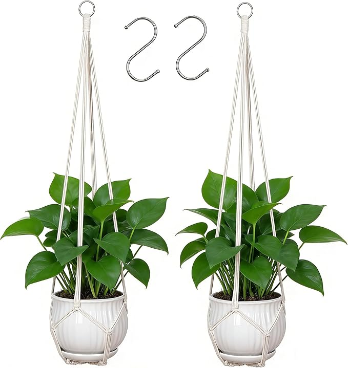 YIBOT Macrame Plant Hanger Indoor Set of 2 with 2 S Hooks, Indoor Outdoor Hanging Planter for Plants Holder with Decorative No Tassels, Boho Home Decor, 35 Inch, Ivory (Pots Not Included)