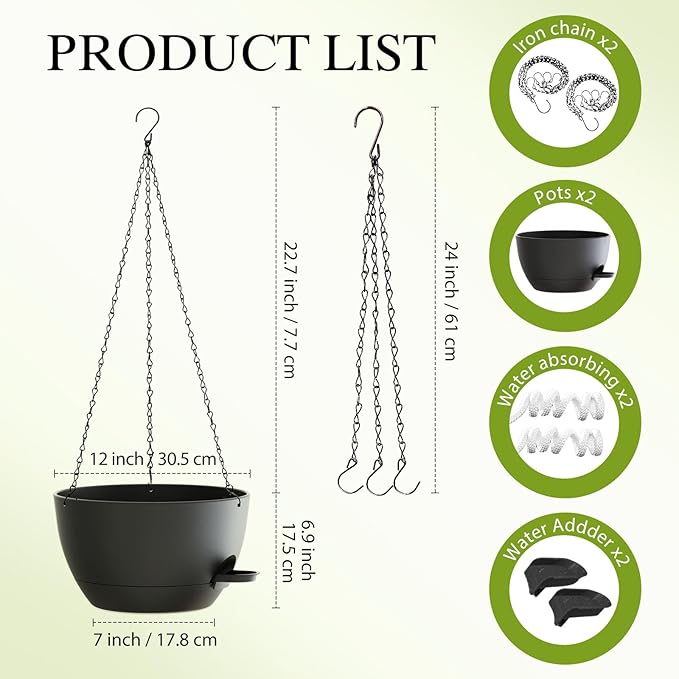 12 Inch Hanging Baskets 2 PC with Chains, Self-Watering Hanging Planters for Indoor Outdoor Plants, Plastic Hanging Flower Pots,Black