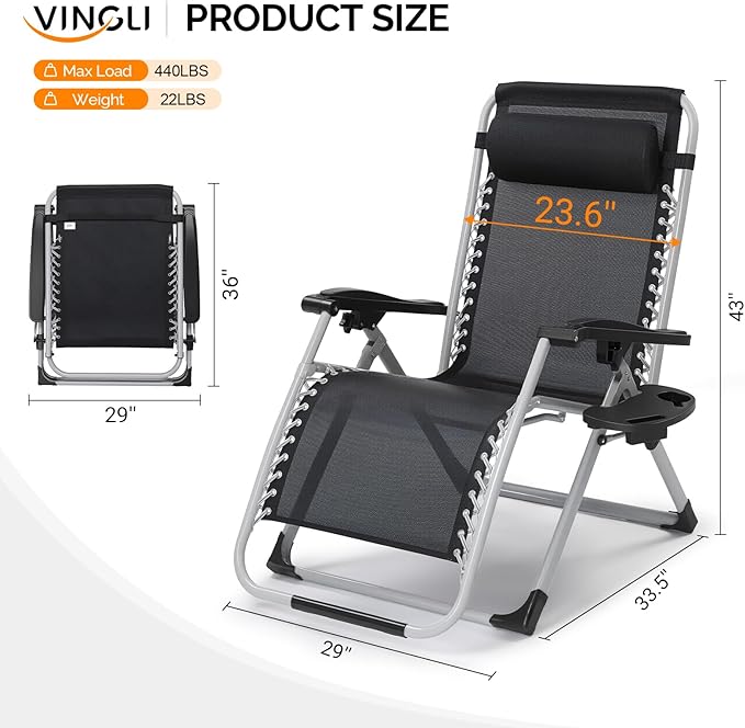 VINGLI 29" Padded Zero Gravity Chair, Lounge Chair with Removable Cushion & Tray， Folding Reclining Patio Chairs， Recliner Chair for Lawn，Indoor Outdoor-Black