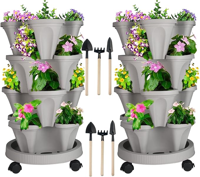 DUNCHATY Stackable Planter, Vertical Garden Planter with Wheels and Tools, Self Watering Strawberry Planter Indoor/Outdoor 4 Tier Herb Planter Pots for Growing Vegetables and Succulents,Gray