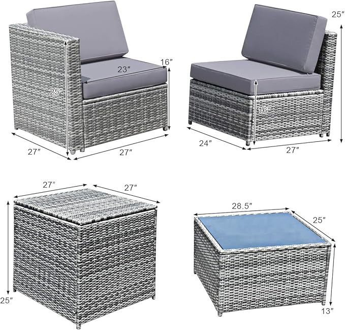 Tangkula 8 PCS Outdoor Patio Furniture Set, Rattan Wicker Sofa Set, Sectional Sofa Couch Conversation Set w/Storage Table and 12 Zippered Cushions for Garden Backyard Poolside (Grey)