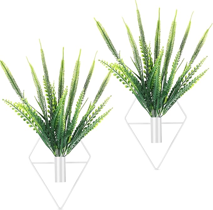 2 Pieces Wall Decor Hanging Planters with Artificial Plants Metal Hanging Vase Indoor Plants Holder Modern Boho Wall Art for Bathroom Bedroom Living Room Decor(White,Boston Fern)