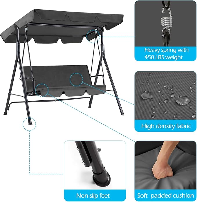 AECOJOY 3-Seat Outdoor Clearance Porch Swings for Adults, Outdoor Patio Swing with Adjustable Canopy & Removable Cushion for Backyard, Garden, Balcony, Grey