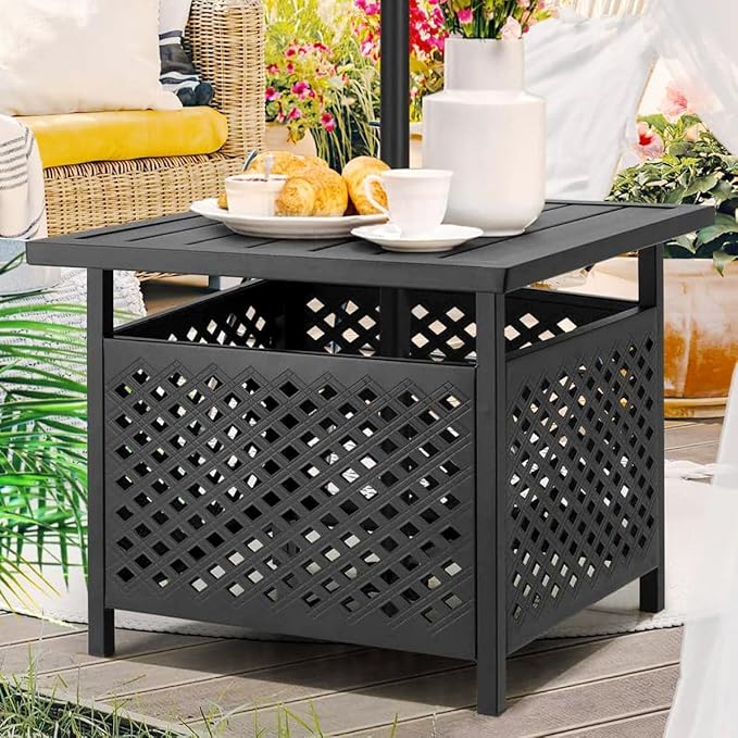 PHI VILLA Outdoor Patio Side Table Set of 2, 22" Small Black Metal Square End Table with Umbrella Hole, Outside Coffee Bistro Table for Porch, Deck, Balcony, Indoor