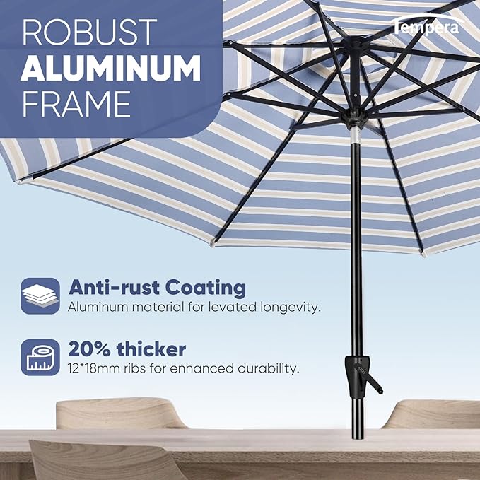 Tempera Patio Market Outdoor Table Umbrella with Auto Tilt and Crank, Large Sun Umbrella with Sturdy Pole & Fade Resistant Canopy, Easy to Set