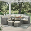 Tangkula 7 Pieces Patio Furniture Set, Outdoor Sectional Rattan Dining Sofa Set with Cushions, All Weather Wicker Conversation Couch Set with Dining Table & Ottomans for Yard Garden Poolside, White