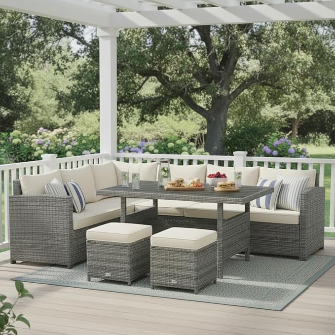 Tangkula 7 Pieces Patio Furniture Set, Outdoor Sectional Rattan Dining Sofa Set with Cushions, All Weather Wicker Conversation Couch Set with Dining Table & Ottomans for Yard Garden Poolside, White