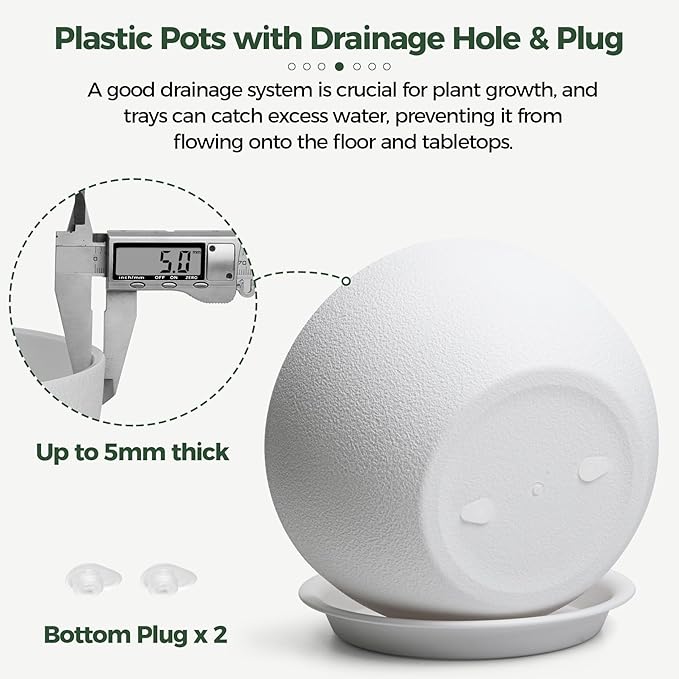 T4U 8 Inch Plant Pots, Plastic Planters with Drainage Holes, Plugs, and Saucers, Ideal for Indoor and Outdoor Use - 2 Pack, White