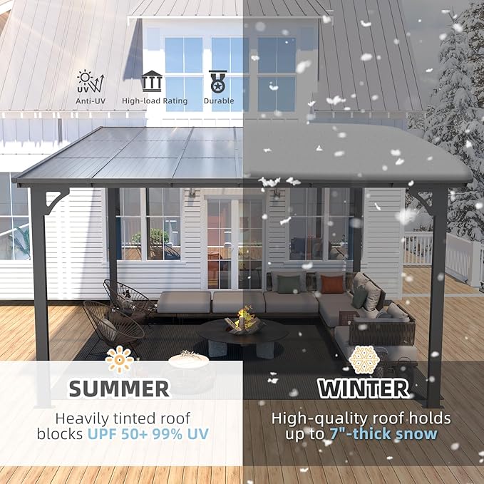 AECOJOY 12' x 12' Gazebo Outdoor Pergola for Patio, Large Wall-Mounted Hard Top Lean to Metal Gazebo Shelter Pergolas and Gazebos Clearance with Patio Roof, Heavy Duty Awnings for Backyard, Decks