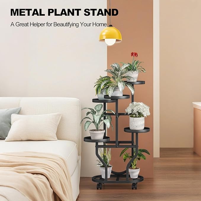 Plant Stand 5 Tier Indoor Outdoor Metal Flower Shelf with Wheels Multi Plants Holder Display Rack for Garden Patio Balcony Living Room Black (Black, 5 Tier)