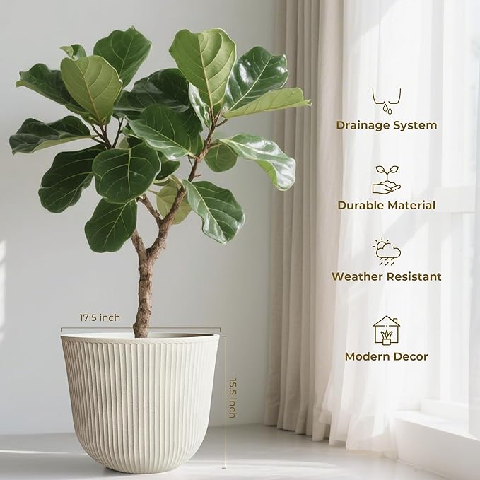 WORTH Garden Round Large Planter Pot Set of 2-17.5" Dia x 15.5" H - Durable Plastic Beige Plant Tree Pots with Vertical Stripe Textured Finish, Drainage Hole for Indoor, Outdoor, Front Porch, Patio