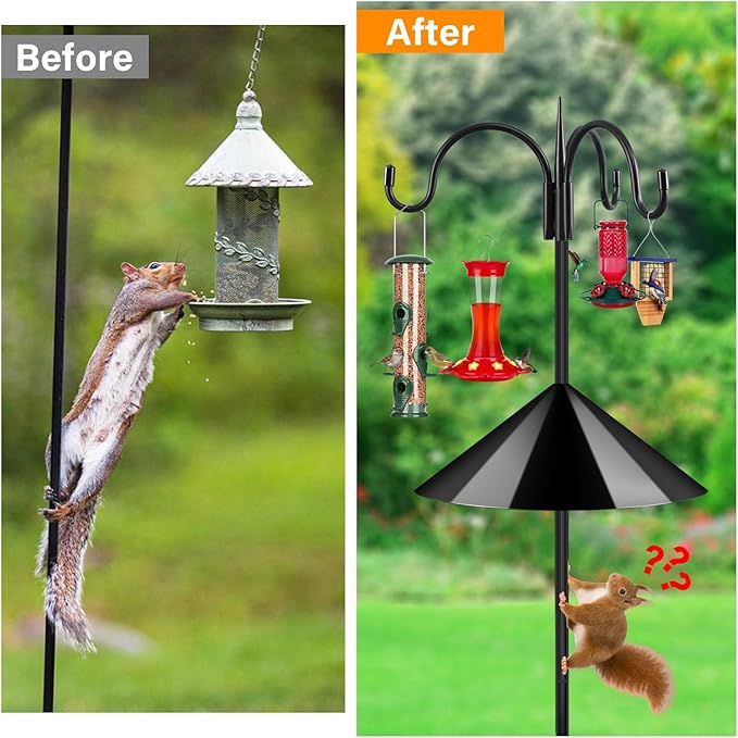 FEED GARDEN 92" Squirrel-Proof Bird Feeder Pole - Heavy-Duty Shepherd's Hook with 3 Hooks, 5-Prong Base & 19" Baffle for Outdoor Feeders & Plants