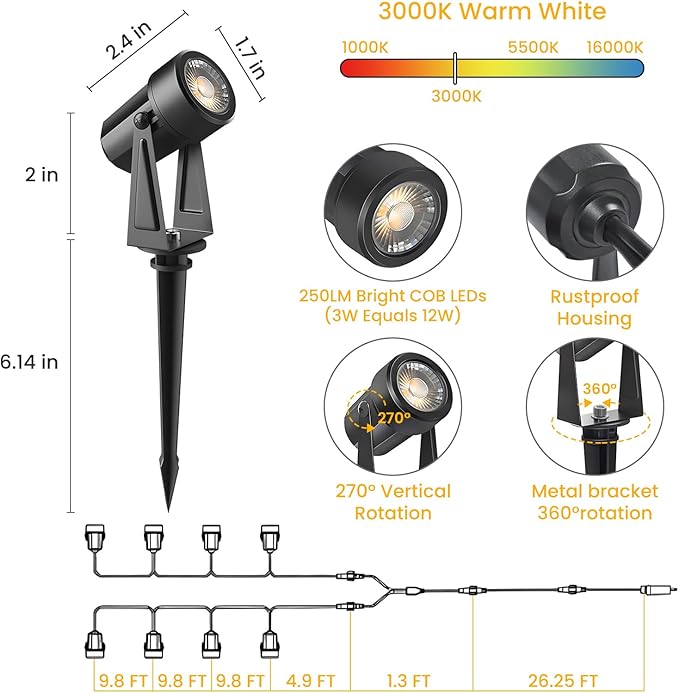 Svater Landscape Lighting Outdoor, 8 Pack Low Voltage Spotlights with Transformer, Plug in LED Spot Lights for Pathyway, Backyard, House,3000K Warm White, Super Bright 3W 250Lumem, Black