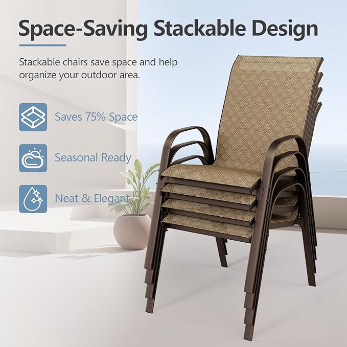 SWITTE Patio Chairs Set of 4 with Armrests, Outdoor Stackable Dining Chairs with Breathable Backrest and Metal Frame for Lawn, Garden, Deck, Poolside, Beige