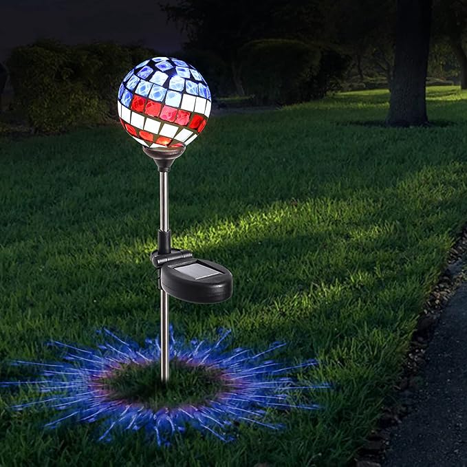 WNP Solar Powered Outdoor Garden Light Stakes Decoration, Mosaic Globe 4th of July Stake Solar Light for Patio Pathway Yard Decor, Waterproof Solar Glow Glass Ball Lights