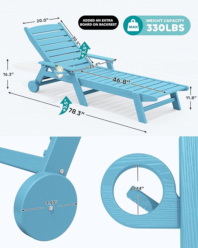 SERWALL Patio Chaise Lounge Chair Set of 2, 78'' Long 5-Positions Adjustable HDPE Outdoor Lounger for Pool, Poly Lounge Chair with Rolling Wheels & Cup Holder for Poolside, Deck, Light Blue