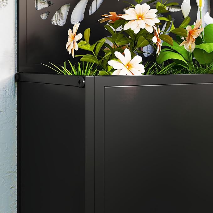 Outsunny Metal Raised Garden Bed with Trellis for Climbing Plants, Freestanding or Wall Mounted Flower Bed with Privacy Panel, Twigs and Leaves Cut-Outs Outdoor Planter Box for Garden, Patio, Balcony