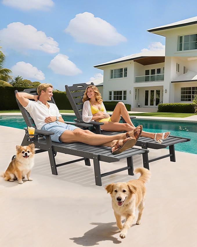 Carauci Lounge Chair Outdoor Set of 4, HDPE Chaise Lounge with Wheels, 5-Position Adjustable Backrest & 2 Cup Holders Patio Lounge Chair, All-Weather Pool Sun Lounger for Poolside, Backyard, Grey