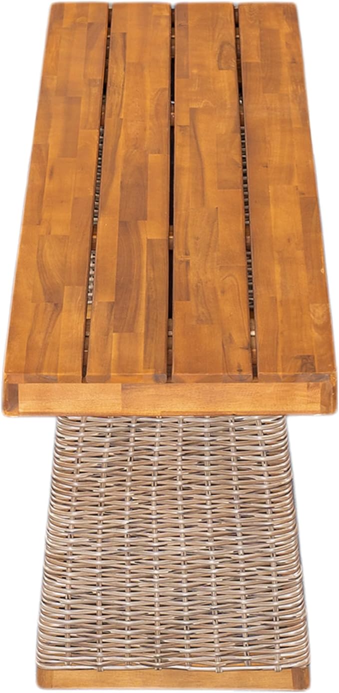 Christopher Knight Home Pasco Acacia Wood Outdoor Dining Table Set for 6, Wicker Patio Dining Set with Acacia Wood Table and Bench, Patio Table and Chair Set with Cushion+Rope Backrest,Brown+Teak+Grey