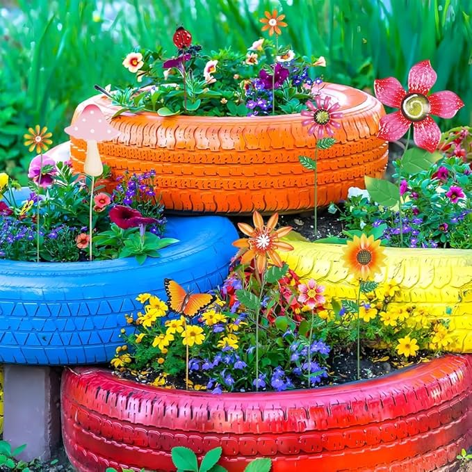 hogardeck Garden Decor for Outside, Set of 10 Metal Flowers Garden Stakes with Mushroom Butterfly Ladybug for Spring Decor, Yard Art Garden Decorations for Outdoor Lawn Porch Pathway (Multi-Color)