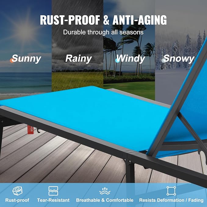 VEVOR Chaise Lounge Chairs Outdoor, Aluminum Patio Lounge Chairs with Adjustable 5-Position, Folding Pool Chair Recliner and Full Flat Tanning Chair for Patio, Beach, Pool, Blue