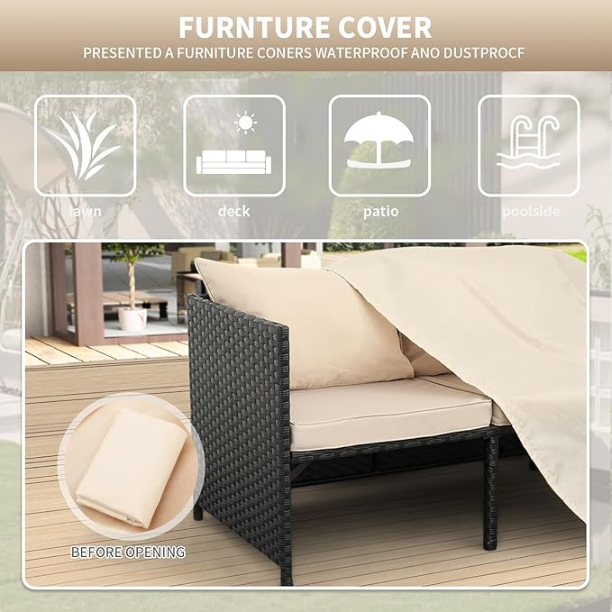 Valita 3-Piece Outdoor PE Rattan Furniture Set Patio Black Wicker Conversation Loveseat Sofa Sectional Couch Khaki Cushion