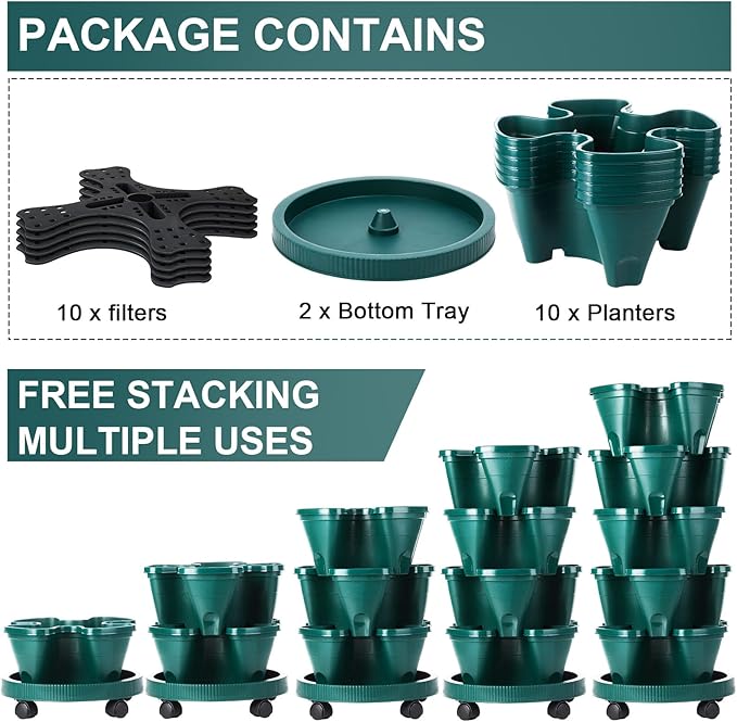 Umigy 2 Set 5 Tier Stackable Planters Vertical Garden Planters for Strawberry Herb Flower and Vegetable Indoor Outdoor Gardening Pots with Removable Wheels and Bottom(Dark Green)